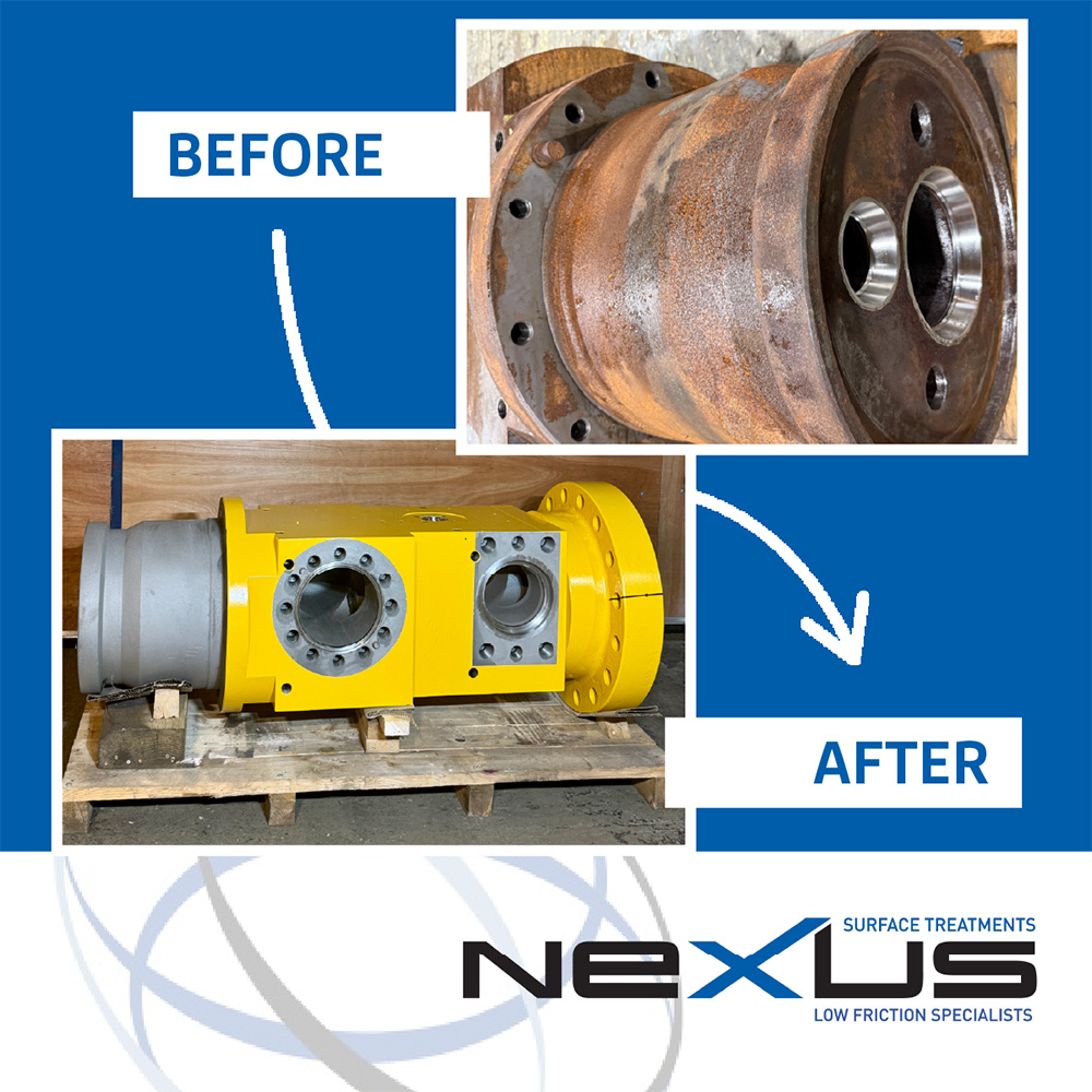 corroded machine part top, showing refurbed part at the foot 